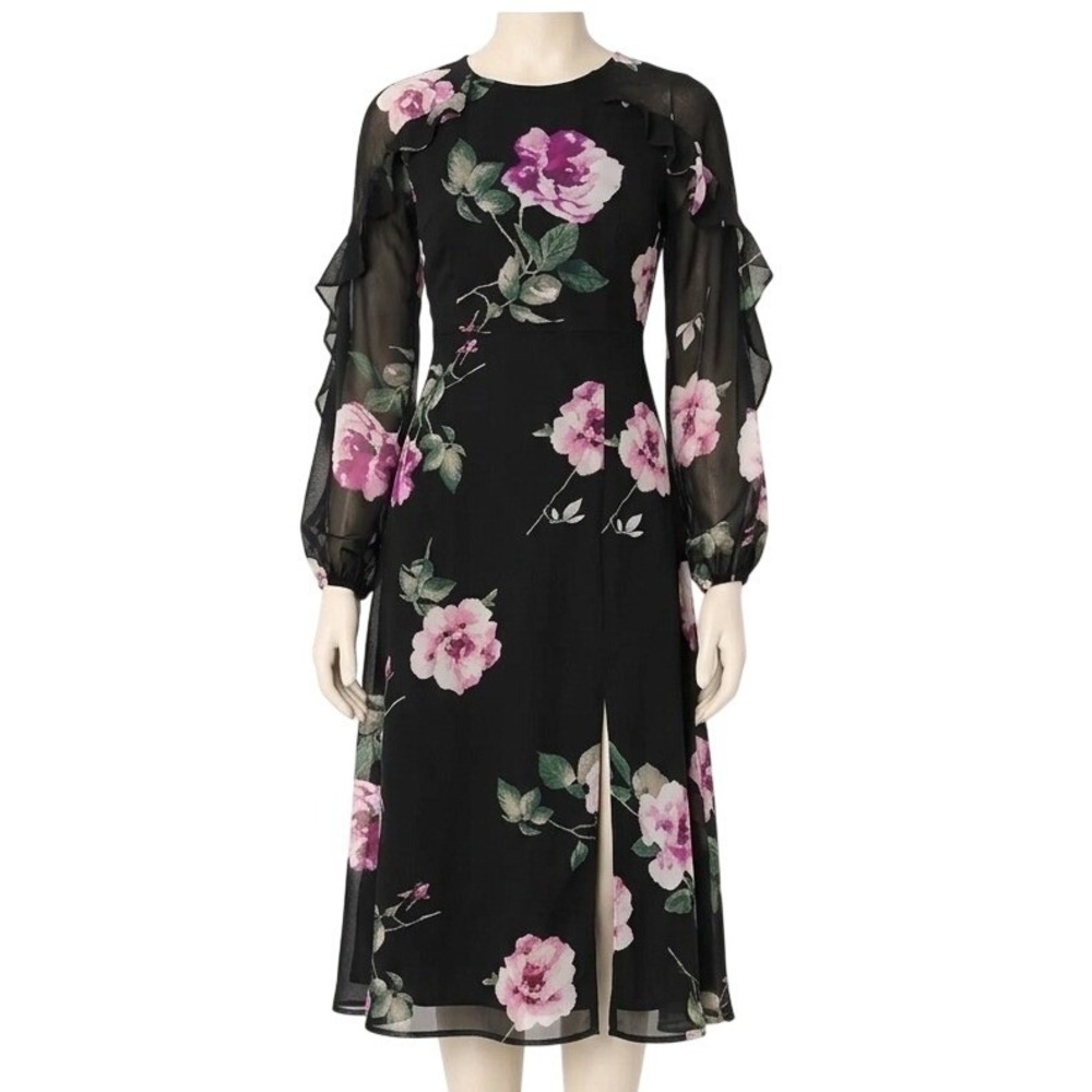LuLus Once and Flor-All Black Floral  whimsical Long Sleeve Midi Dress MNWT
